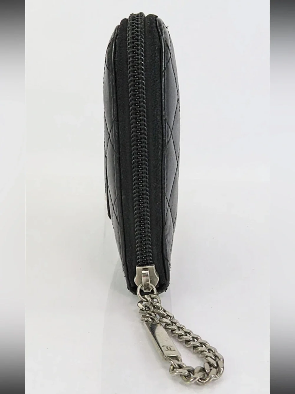 CHANEL Black Quilted Leather Zip Wallet with White CC Patch